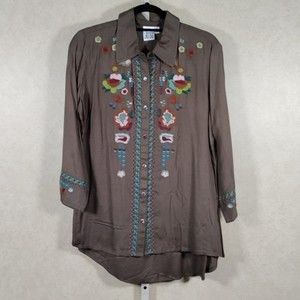 12582 Parsley & Sage olive green floral embroidered blouse M NWT